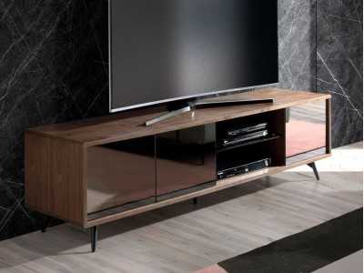 TV stand in walnut, black glass and stainless steel base - MICHIGAN L