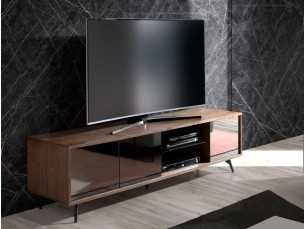Mueble TV en nogal, cristal negro y base en acero inoxidable - MICHIGAN L 2