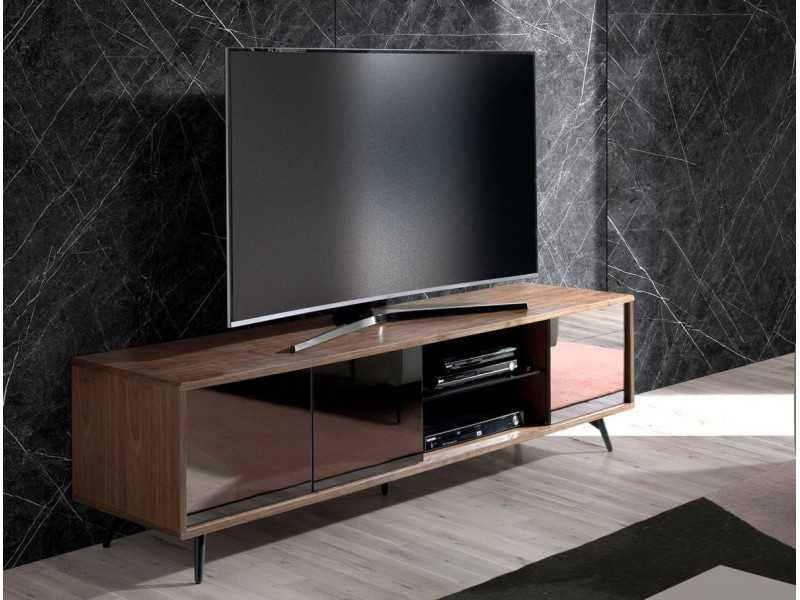 TV stand in walnut, black glass and stainless steel base - MICHIGAN L
