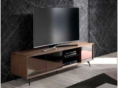 Mueble TV en nogal, cristal negro y base en acero inoxidable - MICHIGAN L