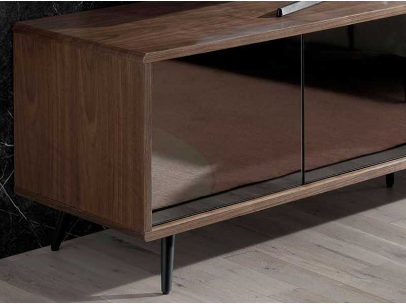 Mueble TV en nogal, cristal negro y base en acero inoxidable - MICHIGAN L