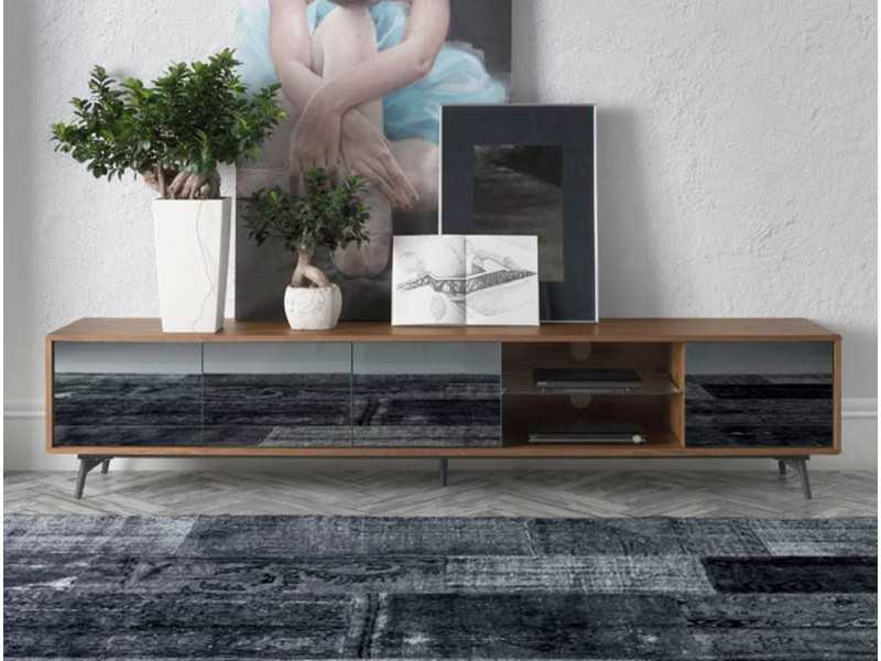 Meuble TV en noyer, verre noir et piètement acier inox - MICHIGAN XL