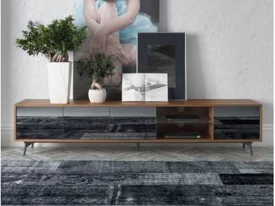 Mueble TV en nogal, cristal negro y base en acero inoxidable - MICHIGAN XL