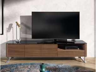 Meuble TV design en noyer, plateau en verre et pieds en acier inoxydable - SEVILLA