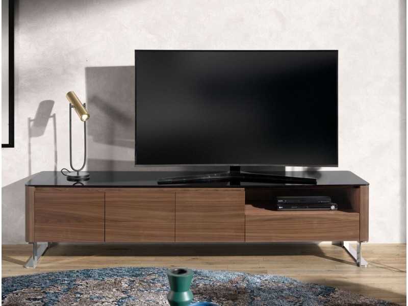 Mueble TV de diseño en nogal, tapa cristal y patas en acero inox - SEVILLA
