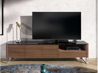 Mueble TV de diseño en nogal, tapa cristal y patas en acero inox - SEVILLA