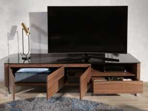 Meuble TV design en noyer, plateau en verre et pieds en acier inoxydable - SEVILLA 2