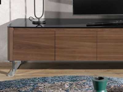 Designer TV cabinet in walnut, glass top and stainless steel legs - SEVILLA