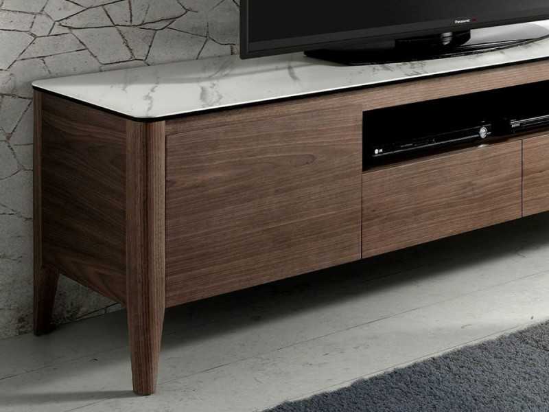 Meuble TV en noyer et plateau en marbre porcelaine - VALENTINO