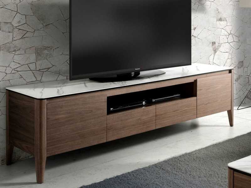 Meuble TV en noyer et plateau en marbre porcelaine - VALENTINO