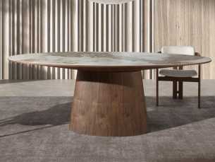 Mesa de comedor fija ovalada en nogal con tapa de mármol porcelánico - VADUZ CERÁMICO