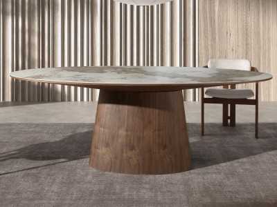 Fixed oval dining table in walnut with porcelain marble top - VADUZ CERÁMICO