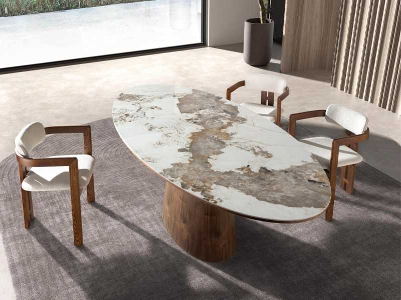 Fixed oval dining table in walnut with porcelain marble top - VADUZ CERÁMICO