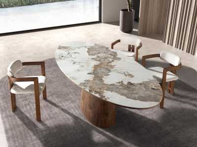 Fixed oval dining table in walnut with porcelain marble top - VADUZ CERÁMICO