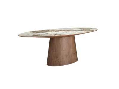 Mesa de comedor fija ovalada en nogal con tapa de mármol porcelánico - VADUZ CERÁMICO