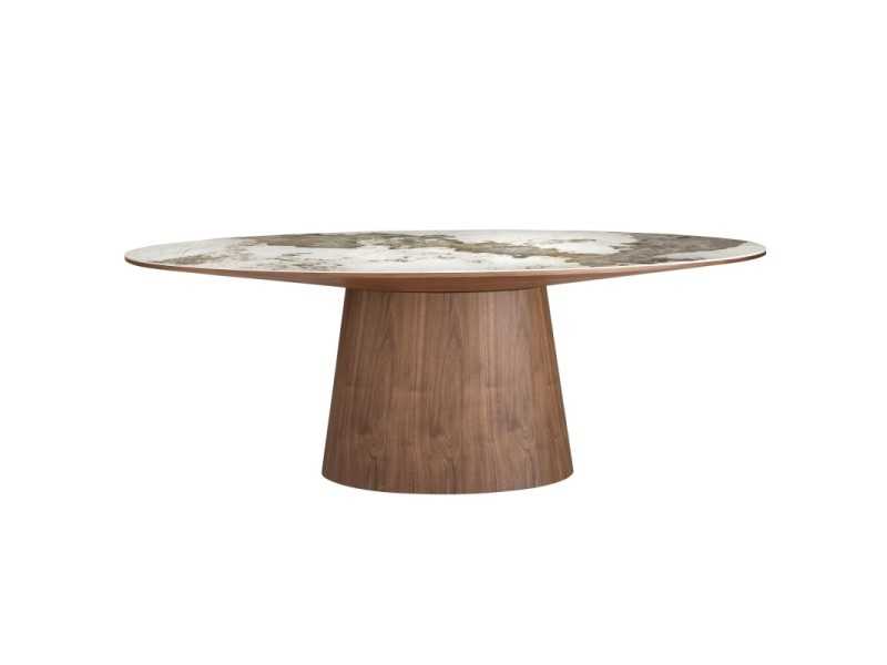 Fixed oval dining table in walnut with porcelain marble top - VADUZ CERÁMICO