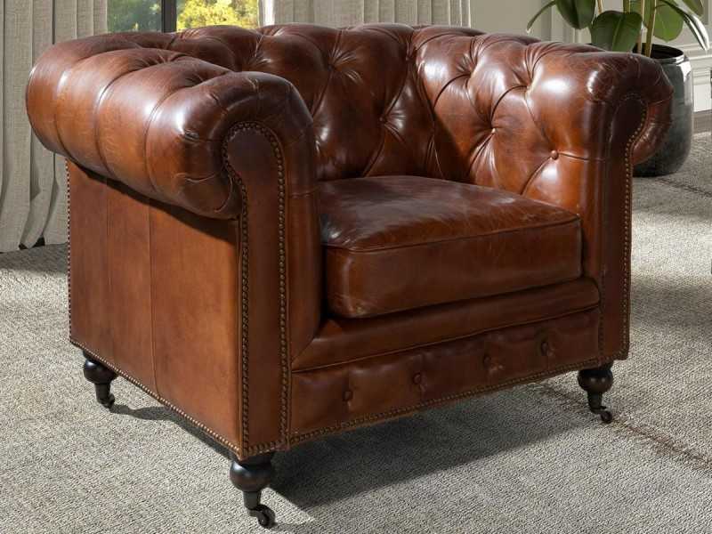 Classic Chester armchair upholstered in genuine leather with casters - ARIZONA