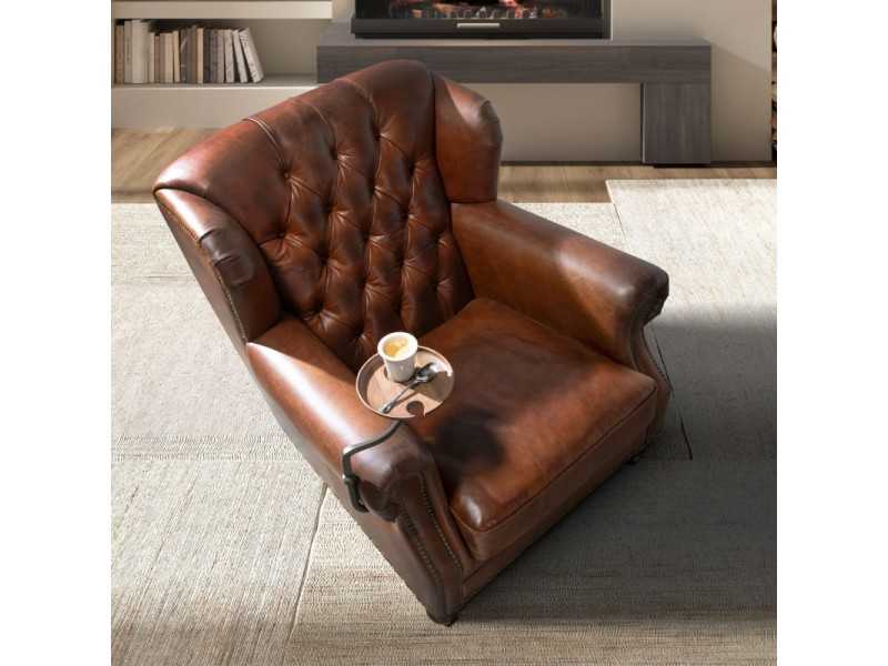 Fauteuil Chesterfield classique, tapissé de cuir véritable et monté sur roulettes - ARIKA