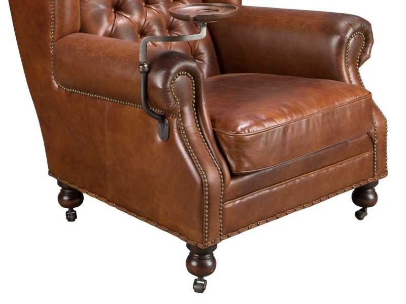 Fauteuil Chesterfield classique, tapissé de cuir véritable et monté sur roulettes - ARIKA