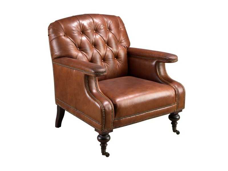 Sillón chester de diseño clásico tapizado en piel genuina con ruedas - ARIANO