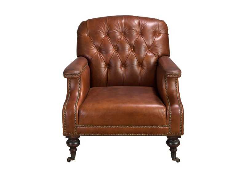 Fauteuil Chesterfield classique, tapissé de cuir véritable et monté sur roulettes - ARIANO