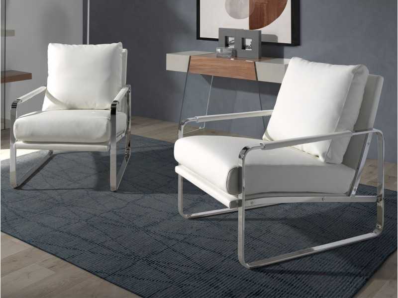 Faux leather upholstered armchair with stainless steel frame - COSMET BLANCO