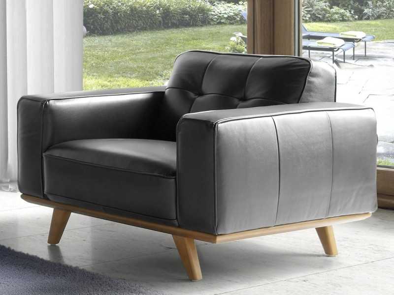 Fauteuil vintage tapissé de cuir noir véritable - DERBY
