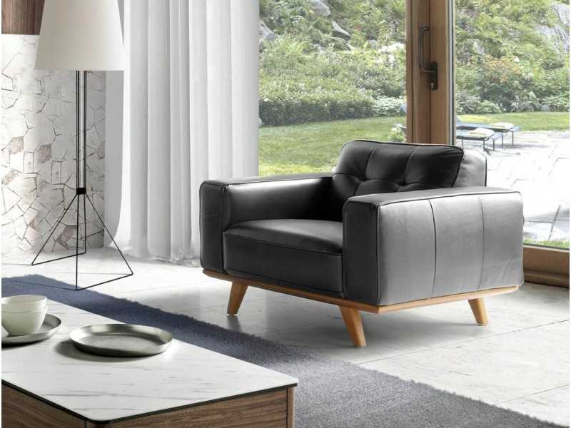 Fauteuil vintage tapissé de cuir noir véritable - DERBY