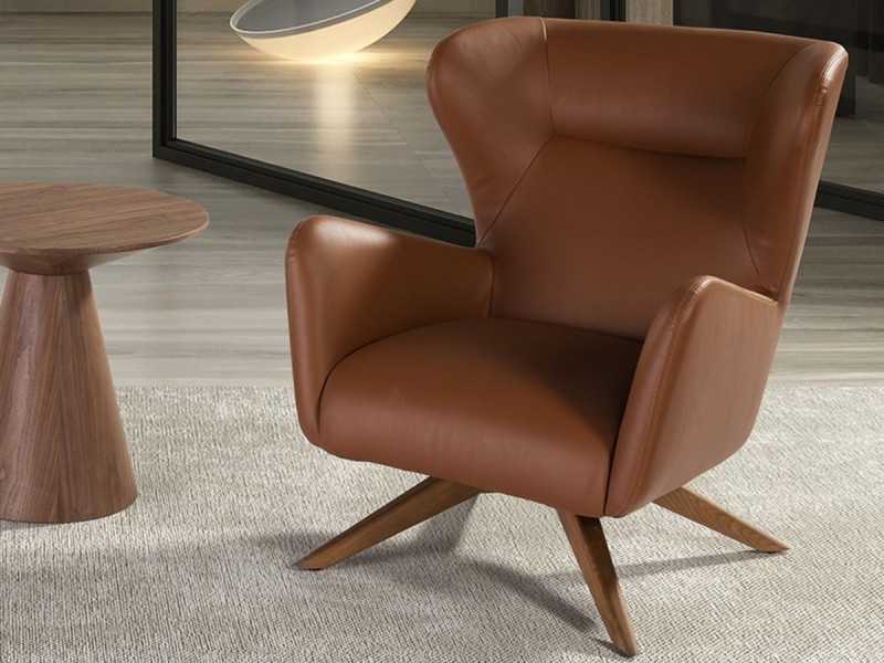 Swivel armchair upholstered in synthetic leather and solid wood base - OSCAR