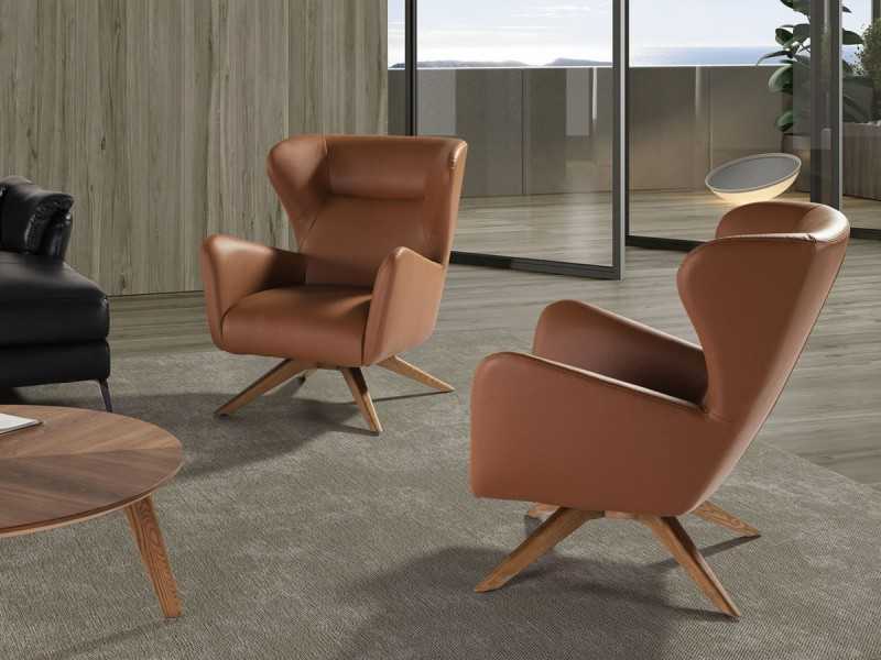Fauteuil pivotant tapissé de cuir synthétique et base en bois massif - OSCAR