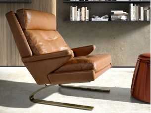 Armchair upholstered in genuine leather with a stainless steel base - NORVAN