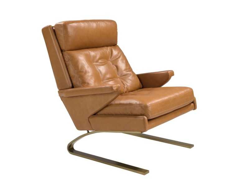 Armchair upholstered in genuine leather with a stainless steel base - NORVAN