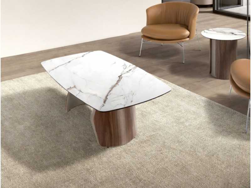 Table basse au design moderne avec bois, acier inoxydable et plateau en marbre de porcelaine - AALS