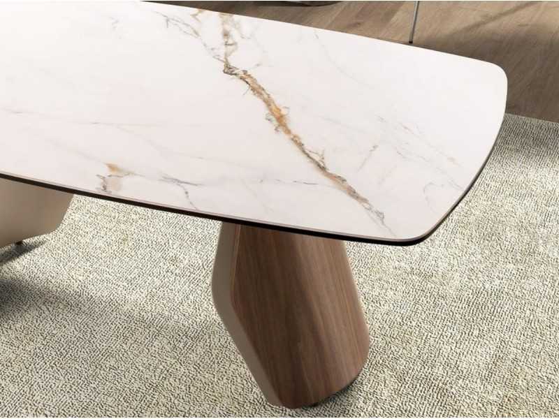 Mesa de centro de diseño moderno con madera, acero inoxidable y tapa de mármol porcelánico - AALS