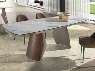 Modern design extendable dining table with wood, stainless steel and porcelain marble top - AALS