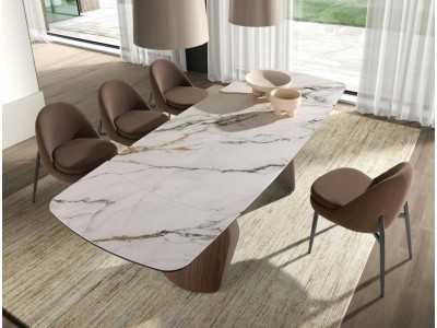 Table de salle à manger extensible au design moderne avec bois, acier inoxydable et plateau en marbre de porcelaine - AALS