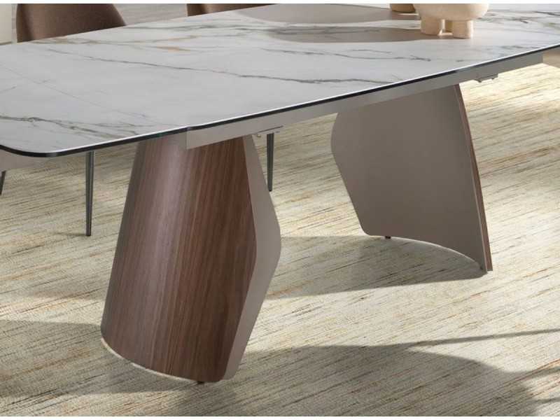 Mesa de comedor extensible de diseño moderno con madera, acero inoxidable y tapa de mármol porcelánico - AALS