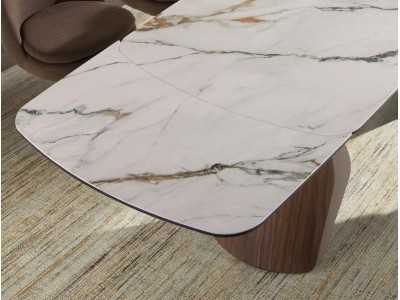 Mesa de comedor extensible de diseño moderno con madera, acero inoxidable y tapa de mármol porcelánico - AALS