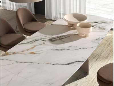 Table de salle à manger extensible au design moderne avec bois, acier inoxydable et plateau en marbre de porcelaine - AALS