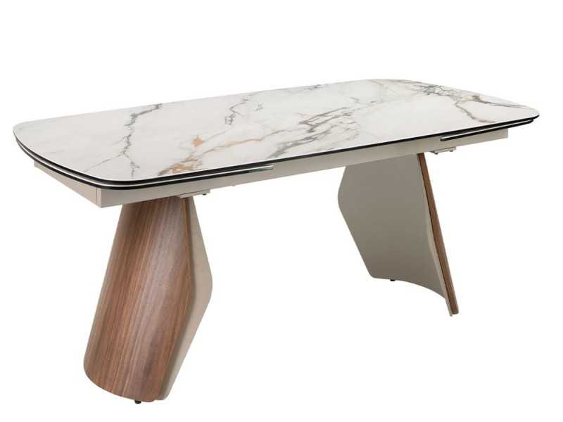 Table de salle à manger extensible au design moderne avec bois, acier inoxydable et plateau en marbre de porcelaine - AALS