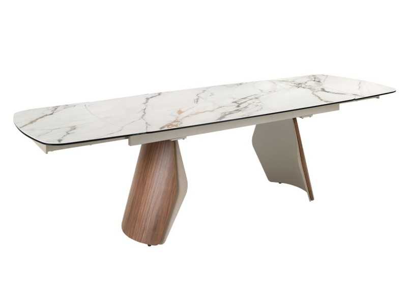 Mesa de comedor extensible de diseño moderno con madera, acero inoxidable y tapa de mármol porcelánico - AALS
