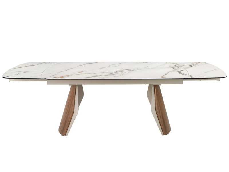 Table de salle à manger extensible au design moderne avec bois, acier inoxydable et plateau en marbre de porcelaine - AALS