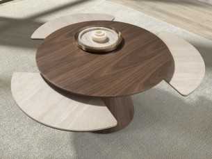 Extendable round wooden coffee table with porcelain marble top - ABELLO