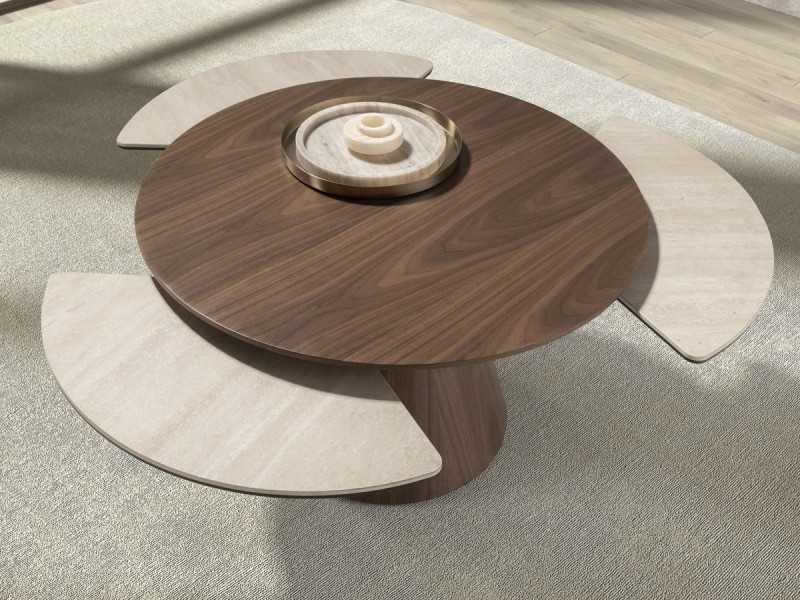 Extendable round wooden coffee table with porcelain marble top - ABELLO
