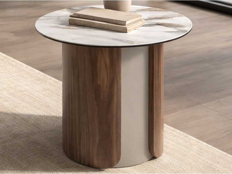 Table d'angle au design moderne avec plateau en marbre porcelaine, bois et acier inoxydable - AALS