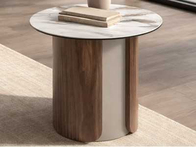 Table d'angle au design moderne avec plateau en marbre porcelaine, bois et acier inoxydable - AALS