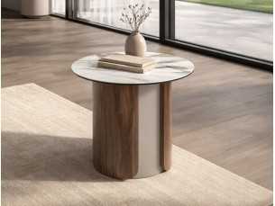 Table d'angle au design moderne avec plateau en marbre porcelaine, bois et acier inoxydable - AALS 2