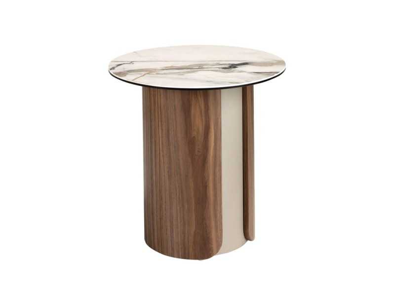 Mesa de rincón de diseño moderno con madera, acero inoxidable y tapa de mármol porcelánico - AALS
