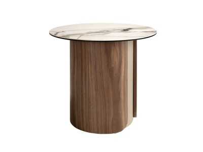 Table d'angle au design moderne avec plateau en marbre porcelaine, bois et acier inoxydable - AALS