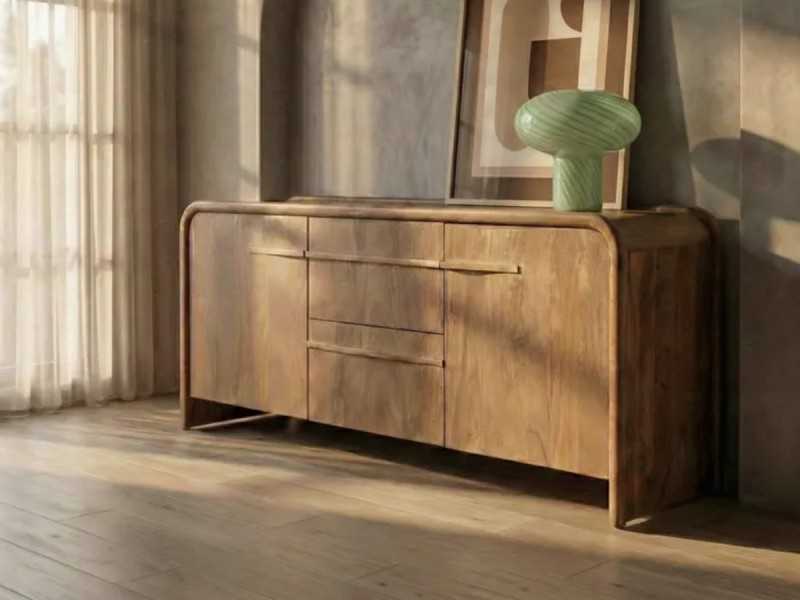 Rounded sideboard made of solid mango wood with drawers - AGAETE
